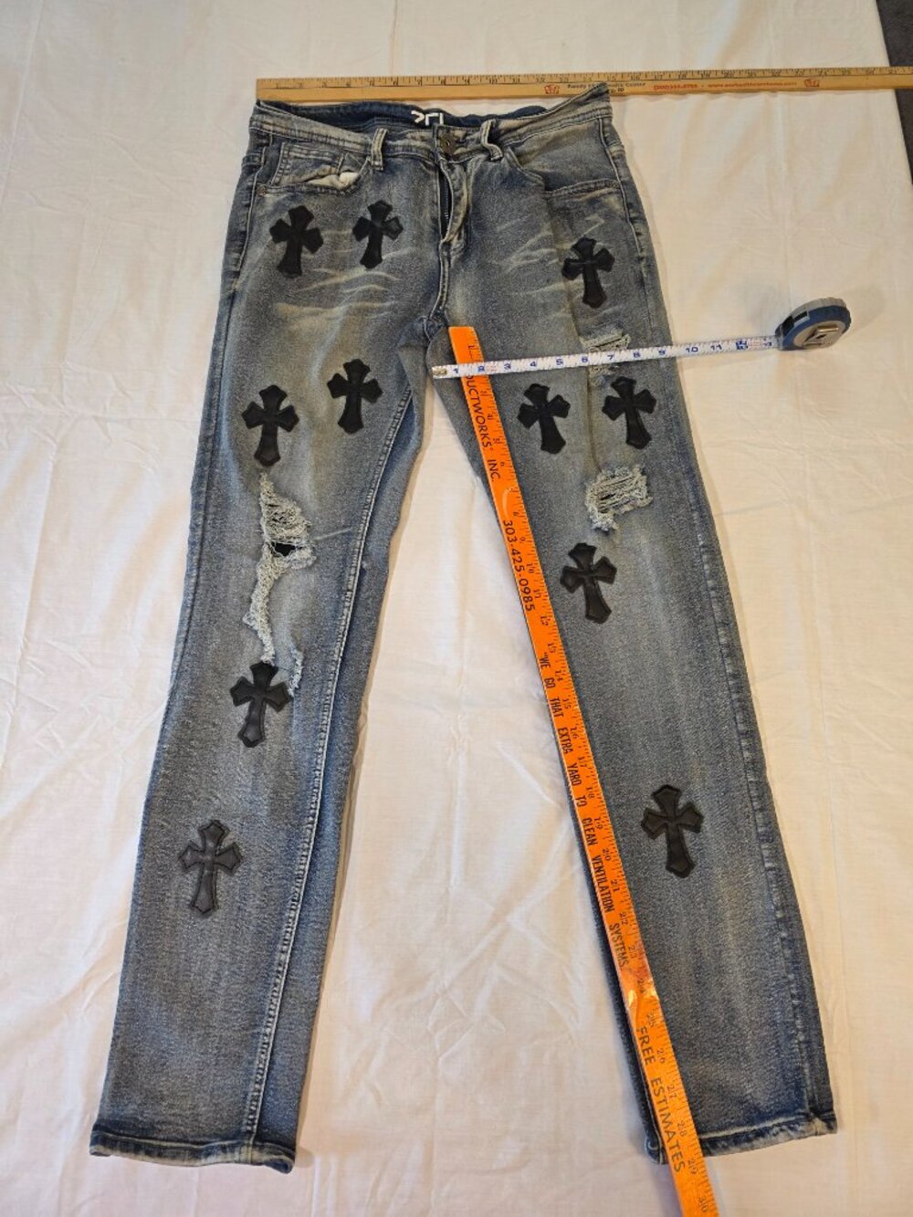 ZCL Men's Distressed Cross Patch Denim Jeans Light Wash Blue Size 30 Streetwear - Picture 5 of 16